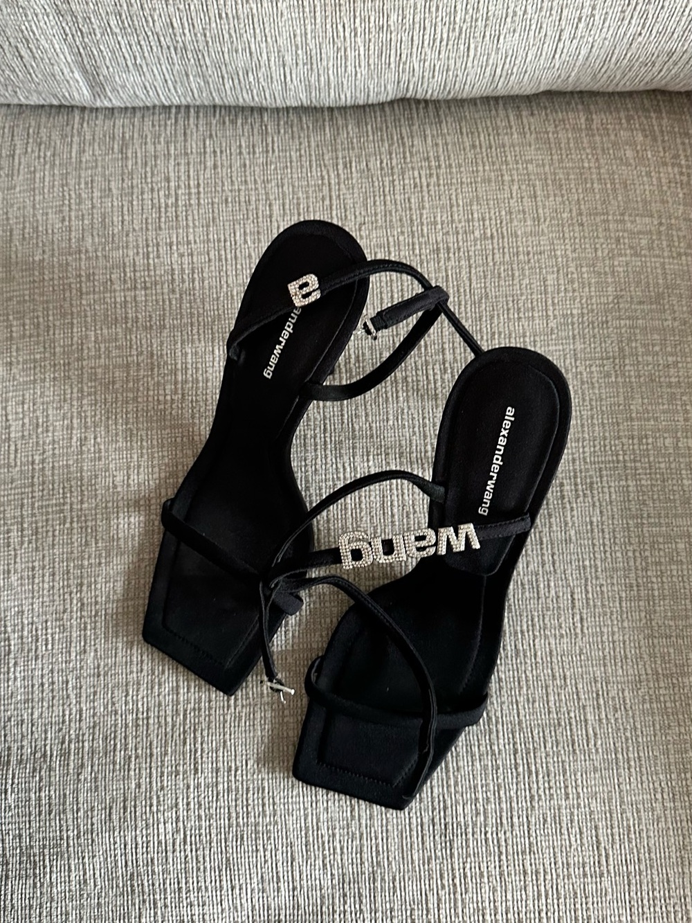 Alexander Wang Black Strappy Heeled Sandals with Crystal 'Wang' Detail